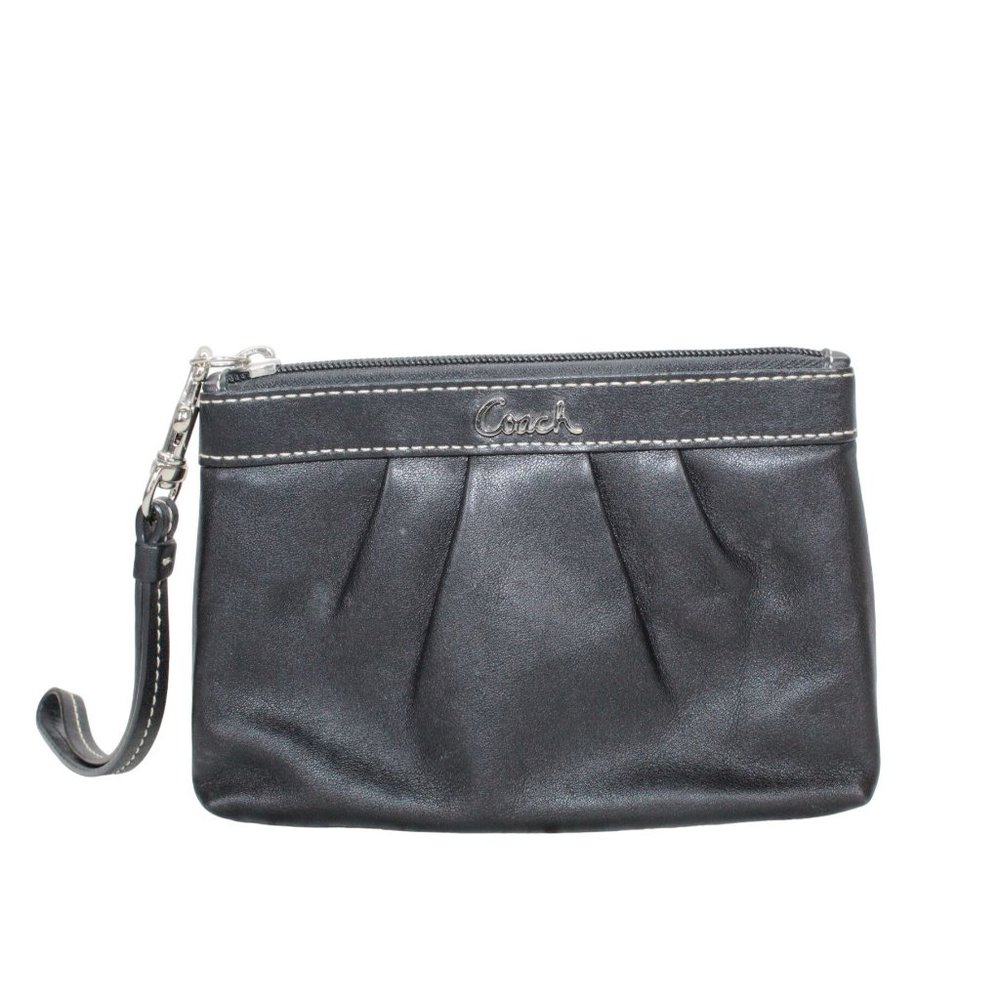 Coach Black Leather Pleated Zippered Pouch Clutch Wristlet